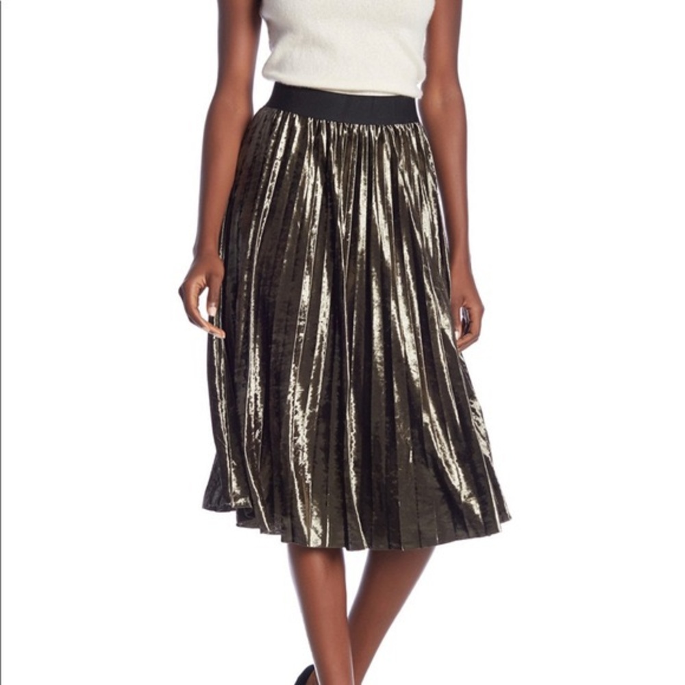 Green Velvet Pleated Midi Skirt